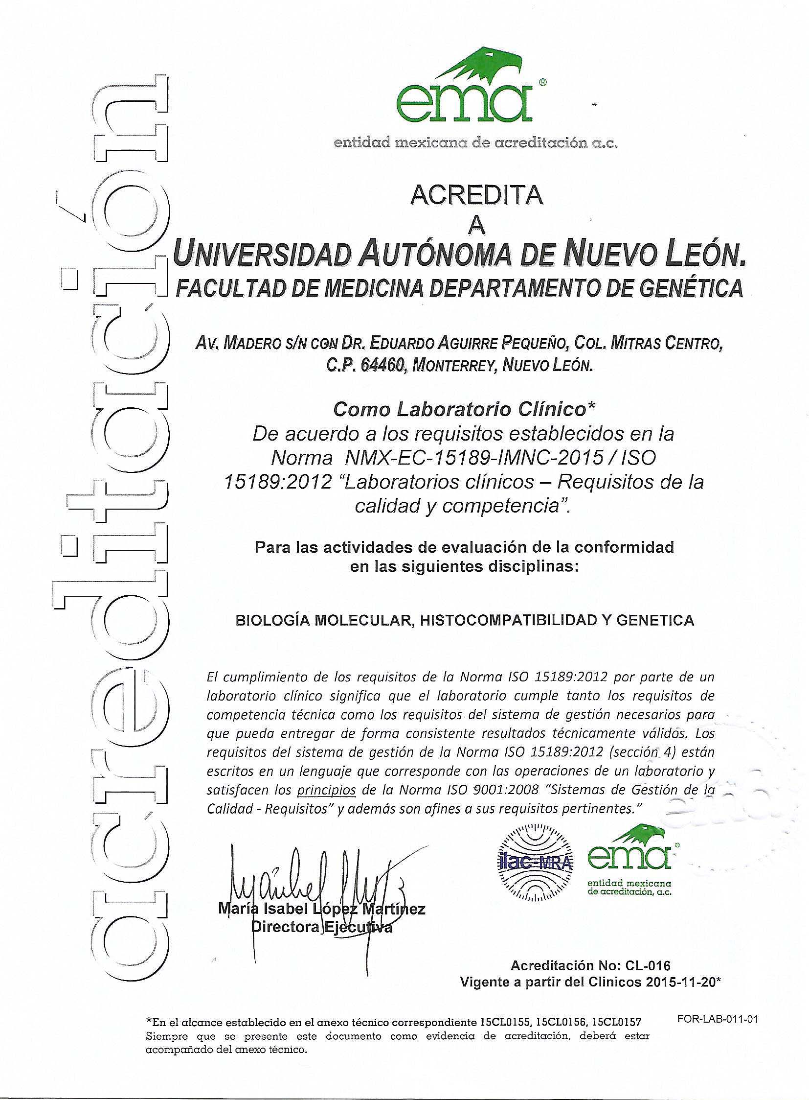 Acreditación ema. Biología Molecular e Histocompatibilidad y Genética